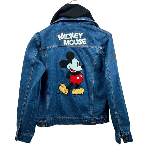 Disney Mickey Mouse Jean Jacket Womens XS Blue Denim Hooded Embroidered Patch - Picture 4 of 13